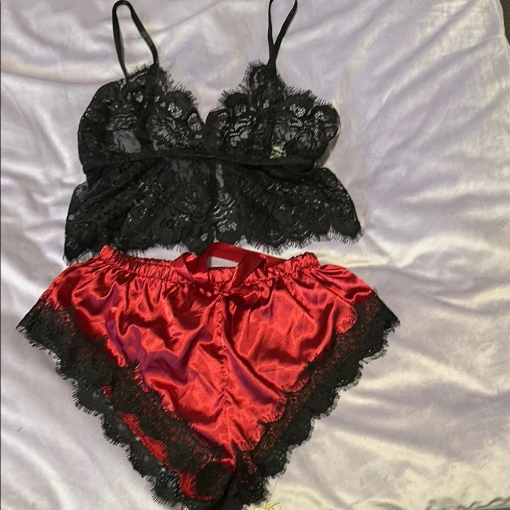 Lace Bralette and Satin Shorts Set - Black and Red Size Small NWOT